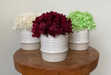 Load image into Gallery viewer, Mighty Mini's are created using preserved hydrangeas and displayed in ceramic pot. These are ideal little arrangements for a coffee table or as a centre piece displaying three along the table. $19.95 each or 3 for $55. Please specify colours in notes for 3 pack if wanting mixed colours.Approx size is 16cm x 12cm including pot.Delivery Sutherland Shire. Delivery Sydney. Delivery Australia wide.