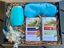 Load image into Gallery viewer, Revive Box is a perfect gift for someone who just needs a little pick me up or some relaxation in their life. With a satin eye mask, dried posy, revive and sleep well Twinnings tea and a tea/wine tumbler this is sure to help recharge. This is also a perfect gift for someone who is unwell. Box size: 23cm x 31cm. Sutherland Shire delivery, Sydney wide delivery, Australia wide delivery.