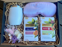 Load image into Gallery viewer, Revive Box is a perfect gift for someone who just needs a little pick me up or some relaxation in their life. With a satin eye mask, dried posy, revive and sleep well Twinnings tea and a tea/wine tumbler this is sure to help recharge. This is also a perfect gift for someone who is unwell. Box size: 23cm x 31cm. Sutherland Shire delivery, Sydney wide delivery, Australia wide delivery.