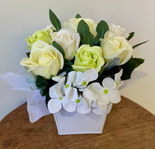 Load image into Gallery viewer, Petite Scented Buckets are created with soap and faux flowers. It is displayed in a metal bucket. These make cute gifts for all occasions. Approx size is 20cm x 20cm Soap Flowers. Sutherland Shire Delivery. Sydney delivery. Australia wide delivery.
