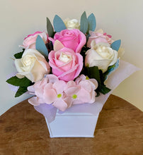 Load image into Gallery viewer, Petite Scented Buckets are created with soap and faux flowers. It is displayed in a metal bucket. These make cute gifts for all occasions. Approx size is 20cm x 20cm Soap Flowers. Sutherland Shire Delivery. Sydney delivery. Australia wide delivery.
