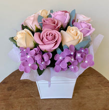 Load image into Gallery viewer, Petite Scented Buckets are created with soap and faux flowers. It is displayed in a metal bucket. These make cute gifts for all occasions. Approx size is 20cm x 20cm Soap Flowers. Sutherland Shire Delivery. Sydney delivery. Australia wide delivery.
