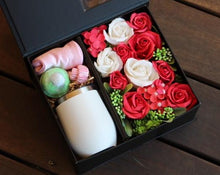 Load image into Gallery viewer, The Pamper Soap Box with tea/wine tumbler, satin eye mask and bath bomb is a beautiful gift for someone who deserves to be pampered. Personalisation on Box or Tumbler is available. Please add name or small message (couple of words) in Cart. Box size: 25cm x 22cm. Soap flowers. Soap flowers delivered Sutherland Shire. Soap flowers delivered Sydney. Gift made from soap. Soap gift boxes.
