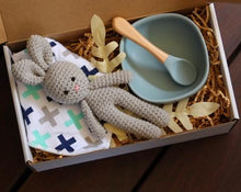 Load image into Gallery viewer, Baby Gifts. Crotchet Bunny. Bibs. Silicone bowl and spoon. Sutherland Shire. Sydney. Australia
