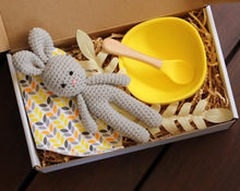 Load image into Gallery viewer, Baby Gifts. Crotchet Bunny. Bibs. Silicone bowl and spoon. Sutherland Shire. Sydney. Australia
