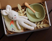 Load image into Gallery viewer, Baby Gifts. Crotchet Bunny. Bibs. Silicone bowl and spoon. Sutherland Shire. Sydney. Australia
