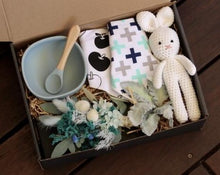 Load image into Gallery viewer, The Feeding Time Baby Box is a gorgeous practical gift for any little one and their mum. Box includes, silicone bowl and spoon, two button up adjustable bibs, crotchet bunny and a dried flower posy. The box can be personalised. Please add Name and DOB in Cart. Box size: 23cm x 31cm. Baby gift boxes delivered Sutherland Shire. Baby Gift boxes delivered Sydney. Baby gifts.
