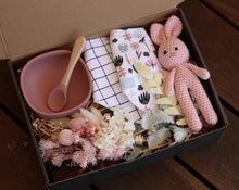 Load image into Gallery viewer, The Feeding Time Baby Box is a gorgeous practical gift for any little one and their mum. Box includes, silicone bowl and spoon, two button up adjustable bibs, crotchet bunny and a dried flower posy. The box can be personalised. Please add Name and DOB in Cart. Box size: 23cm x 31cm. Baby gift boxes delivered Sutherland Shire. Baby Gift boxes delivered Sydney. Baby gifts.
