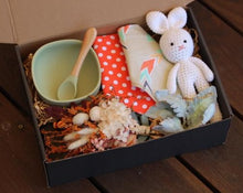 Load image into Gallery viewer, The Feeding Time Baby Box is a gorgeous practical gift for any little one and their mum. Box includes, silicone bowl and spoon, two button up adjustable bibs, crotchet bunny and a dried flower posy. The box can be personalised. Please add Name and DOB in Cart. Box size: 23cm x 31cm. Baby gift boxes delivered Sutherland Shire. Baby Gift boxes delivered Sydney. Baby gifts.
