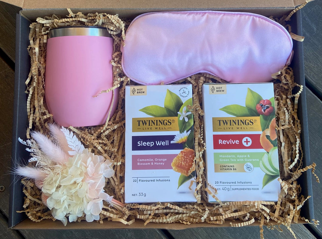 Revive Box is a perfect gift for someone who just needs a little pick me up or some relaxation in their life. With a satin eye mask, dried posy, revive and sleep well Twinnings tea and a tea/wine tumbler this is sure to help recharge. This is also a perfect gift for someone who is unwell. Box size: 23cm x 31cm. Sutherland Shire delivery, Sydney wide delivery, Australia wide delivery.