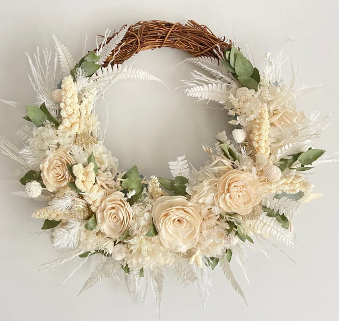 Winter Wreath is created with dried, preserved and faux flowers on a twig frame. Message me for alternate colour scheme if preferred, I can customise to your colour choice. Approx size is 35cm diameter. Sutherland Shire Delivery. Sydney Wide Delivery. Australia Wide Delivery.