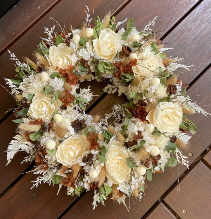 Outback Wreath is created with dried, preserved and faux flowers on a twig frame. Message me for alternate colour scheme if preferred, I can customise to your colour choice. Approx size is 35cm diameter. Sutherland Shire delivery. Sydney wide delivery. Australia wide delivery.